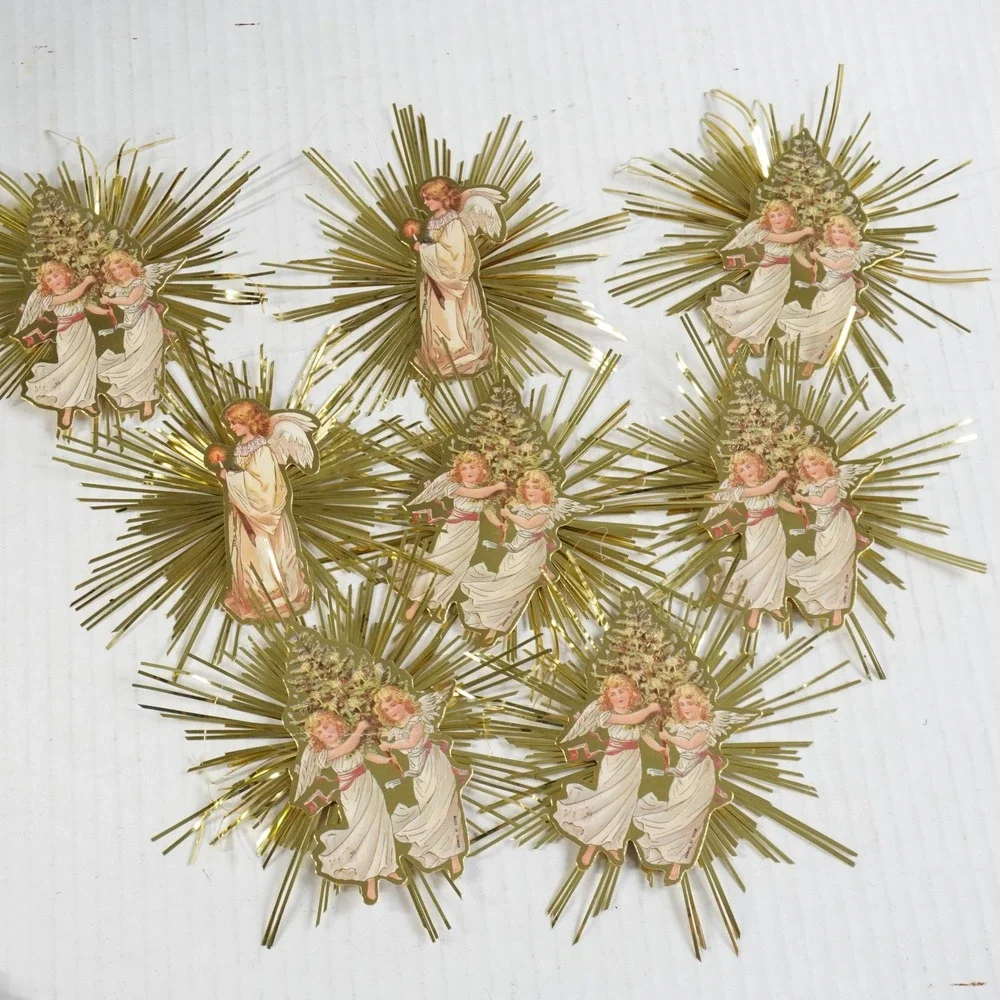 8 Vintage Victorian‎ Style Gold Foil Starburst Angel Paper Christmas Ornaments